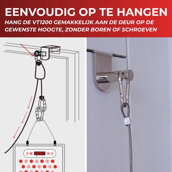 Illustratie van een deurklinkbevestiging voor een rood lichtpaneel, met pijlen die de montage aangeven.
