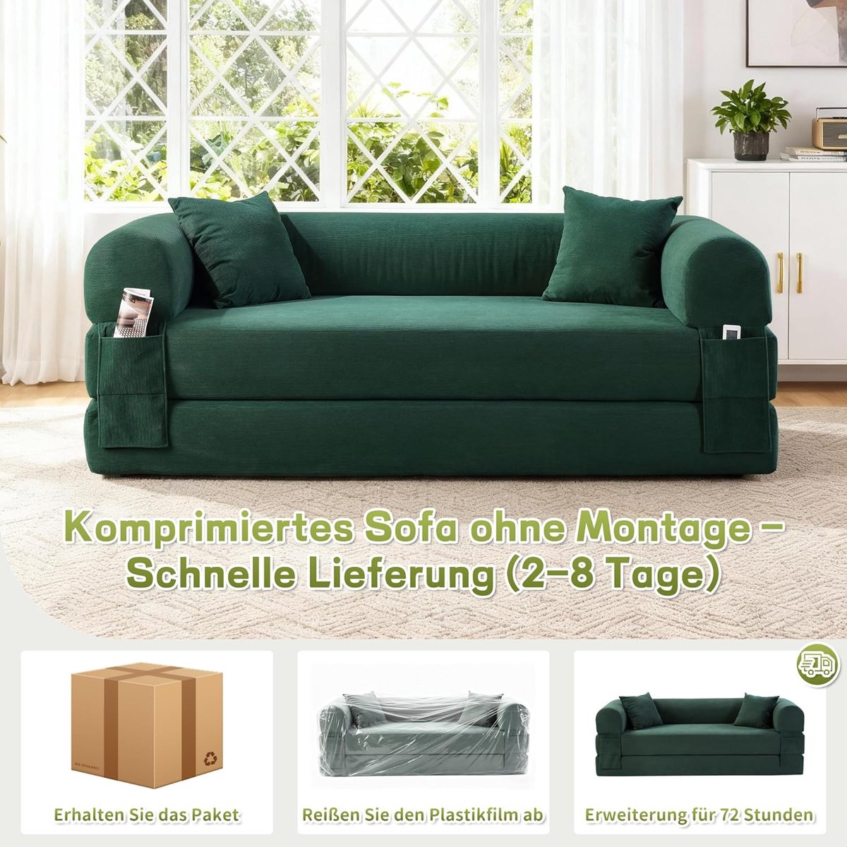 Slaapbank 3-zits 210x75x60 cm – 3-in-1 Bankbed met Fluweel & Schuimvulling – Modulaire I-vorm Lounge Bank met Kussens & Opbergtas – Donkergroen – Laura