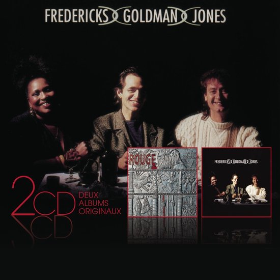 Albumcover van Fredericks Goldman Jones met de 3 bandleden. Twee CD's in de hoek links. Kleinere afbeelding van de band in het rood rechts.