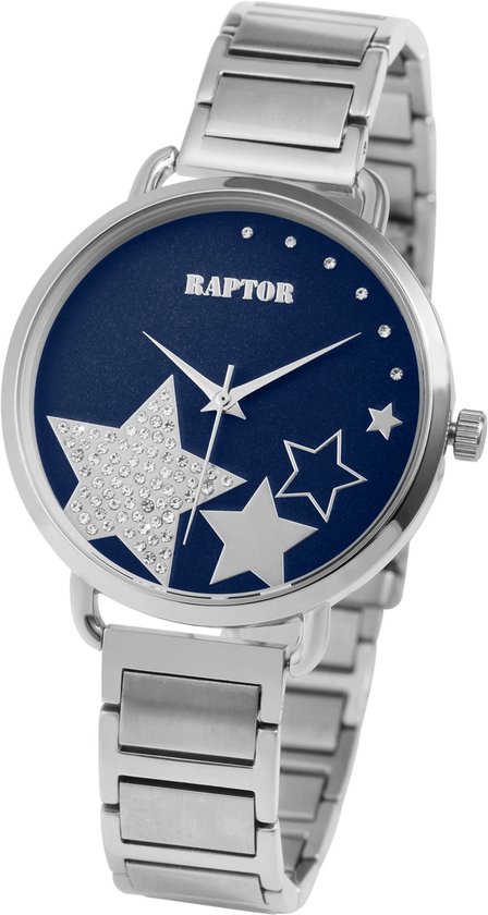 Zilverkleurig horloge met donkerblauwe wijzerplaat met sterren, waarvan één bezet met strass steentjes. 'RAPTOR' logo boven.
