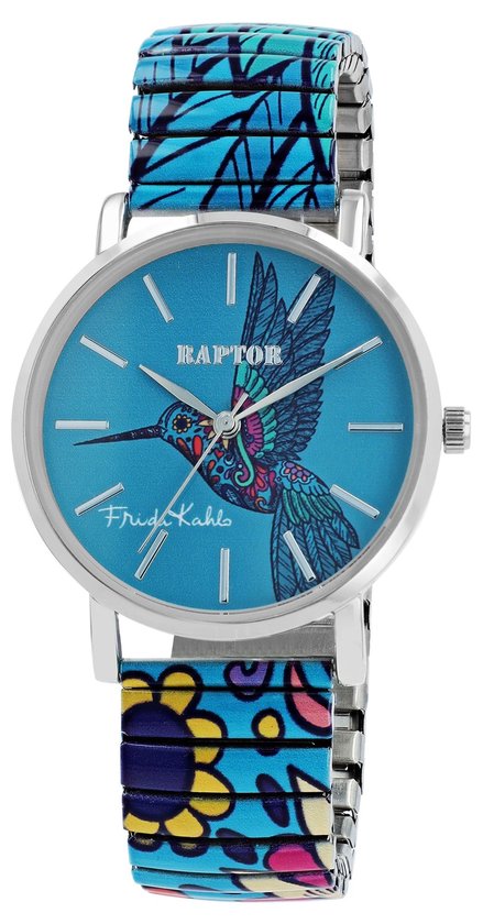 Blauw Raptor dameshorloge met afbeelding van een kolibrie en 'Frida Kahlo' tekst, metalen band met bloemenprint.