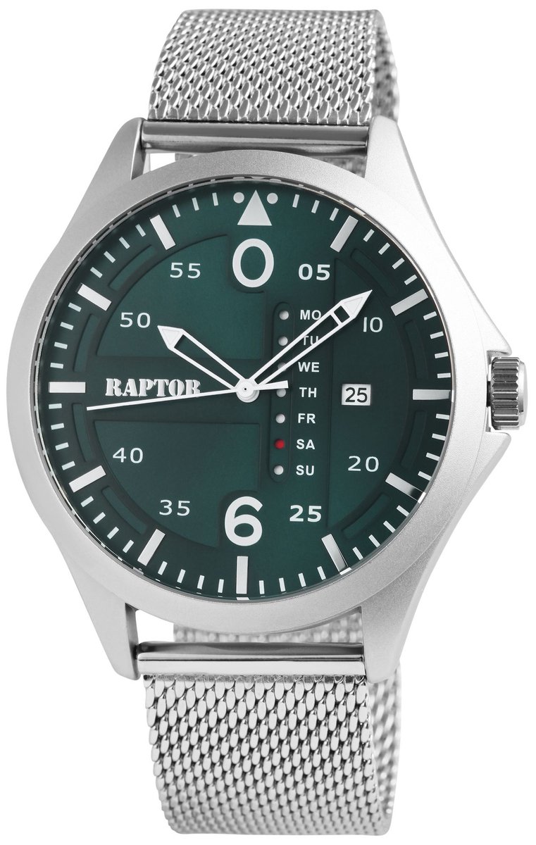 RAPTOR-ra20265-004-Herenhorloge-zilverkleurig-staal-Milanese band-5 atm waterdicht-dag en datum