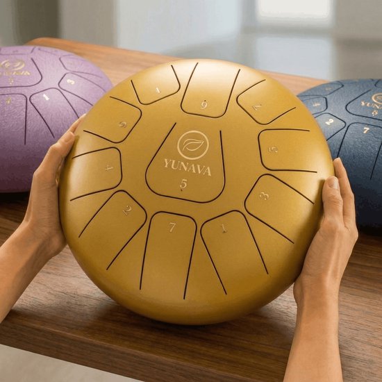Yunava Handpan - 30 cm ø - Goud - Steel Tongue Drum - Hand Klankschaal incl. Lesboek & Beschermtas - Hangdrum van Merkloos — afbeelding 5