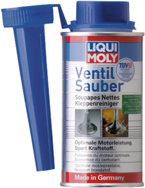 Boîte avec bouchon bleu et bec verseur, portant l'inscription "Ventil Sauber" et une image de soupapes propres.