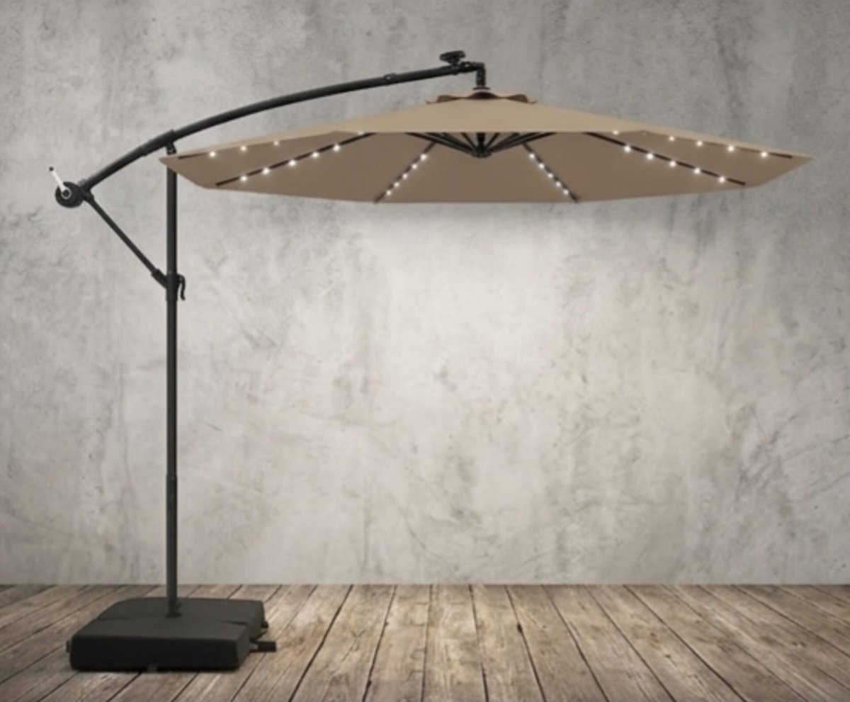 Zweefparasol 300 cm met LED Verlichting, Kantelbaar & 360° Draaibaar met Zwenkarm en Zandzakken, UV-Bescherming Tuinparasol voor Terras, Balkon en Zwembad, Bruin – NoviHome