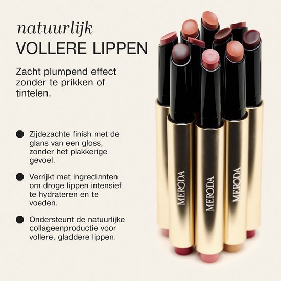 Groep gouden lippenstiftkokers met peachy rose tinten. Tekst: 'natuurlijk VOLLERE LIPpEN. Zacht plumpend effect zonder te prikken of tintelen. Zijdezachte finish met glans, zonder plakkerig gevoel.'