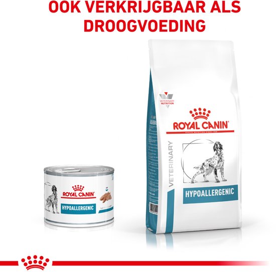 Een blikje Royal Canin Hypoallergenic natvoer en een zak droogvoer, beide met een hond op het etiket.