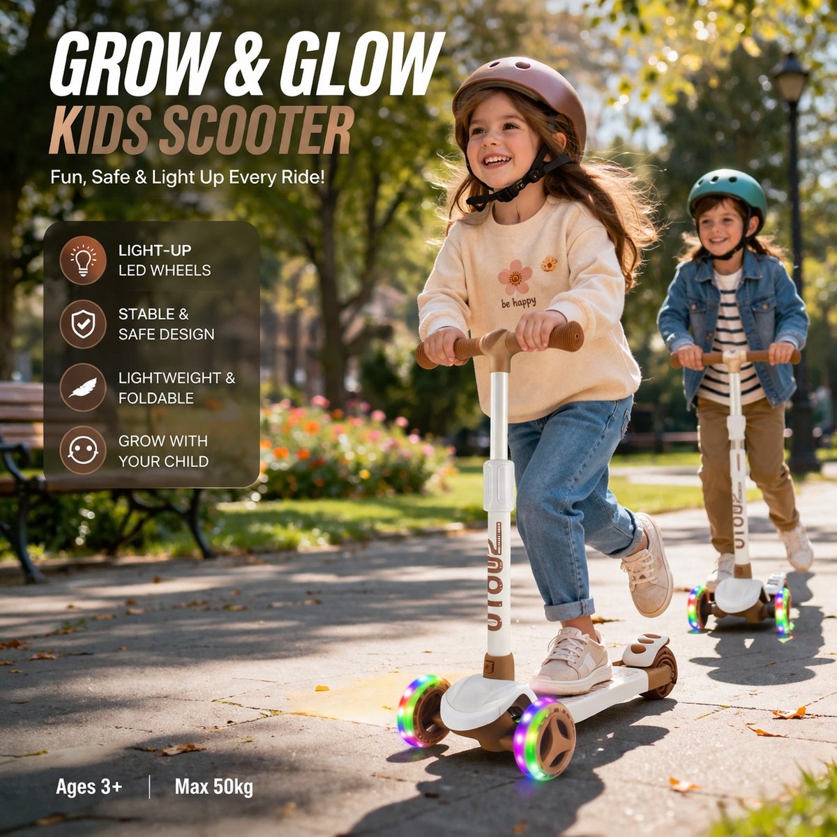 Suotu Kinderstep - Step - 3 Lichtgevende Wielen - EXTRA BREEDE WIELEN - Step 3+ Jaar tot 50kg - Speelgoed Jongens/Meisjes - Bruin — afbeelding 10