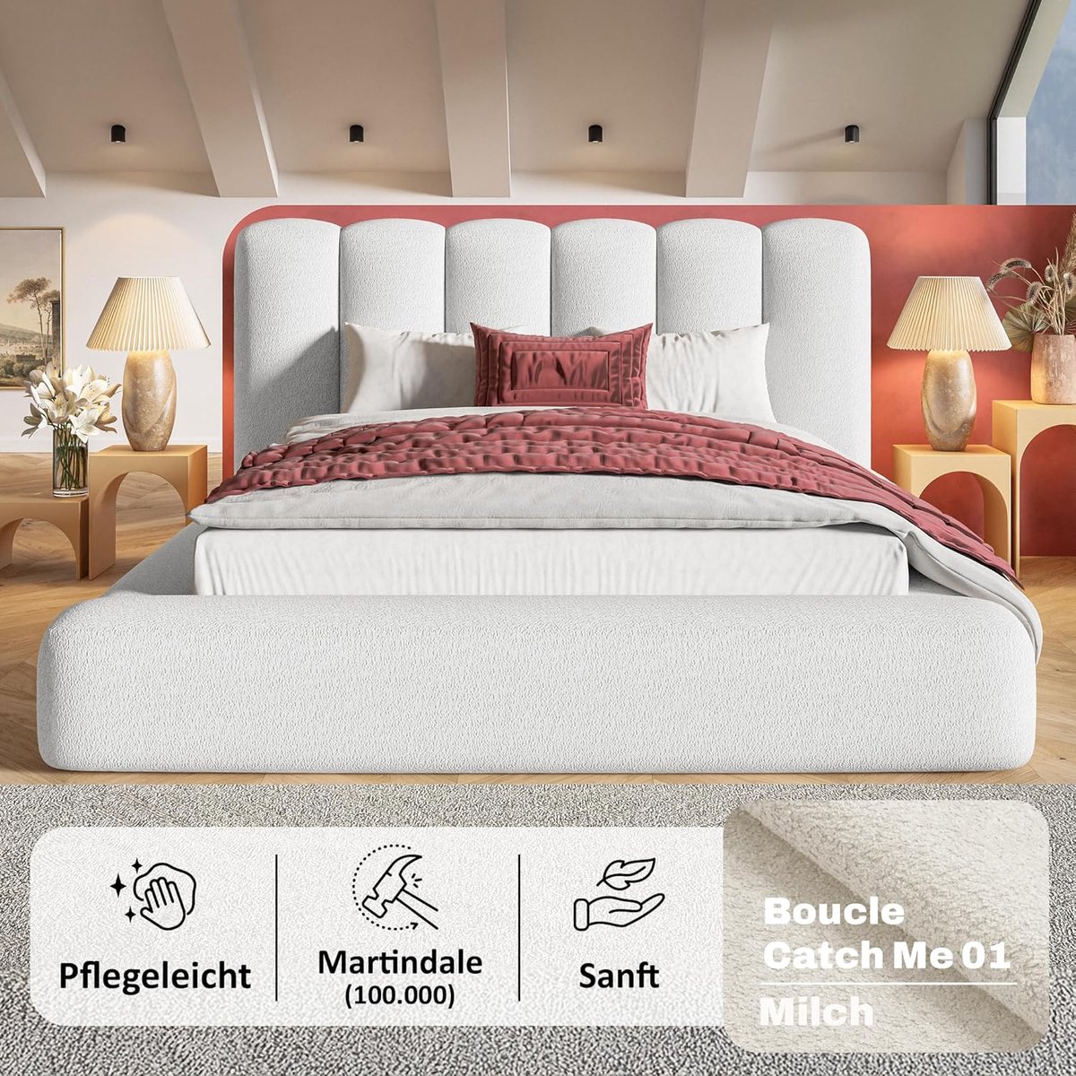 Gestoffeerd Opbergbed 160x200 cm Bouclé Wit met Matras H3/H3, Lattenbodem en Hoofdbord – Modern Bubble Bed met Bedlade en Hydraulische Opbergruimte – NoviHome Cloudy Comfort Bed