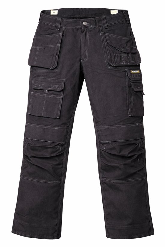 Pantalon de travail gris foncé avec de nombreuses poches, coutures blanches et genoux renforcés.
