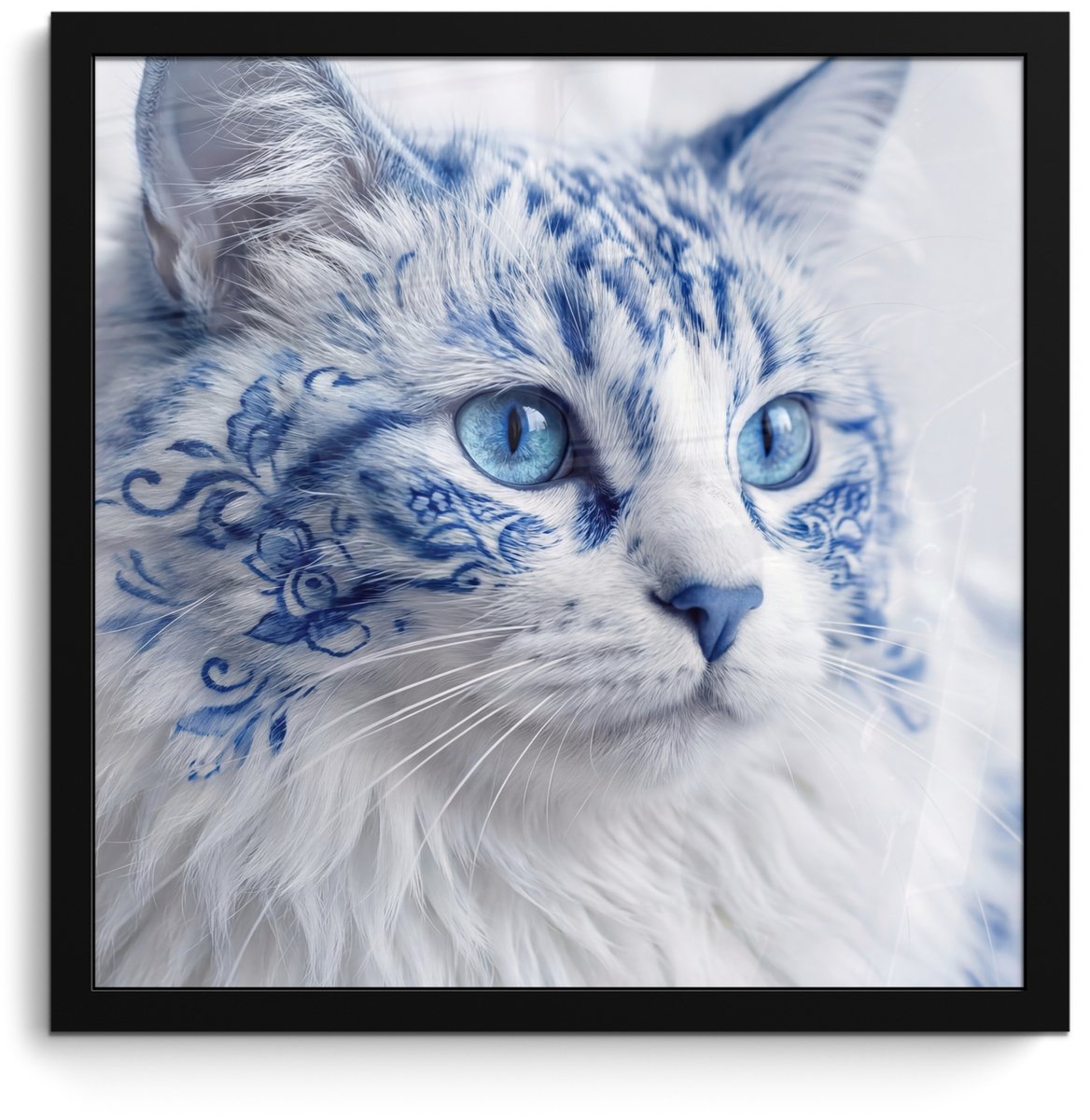 FrameYourWall Poster in lijst - Fotolijst 40x40 cm - Posters - Kat - Patroon - Blauw - Posterlijst zwart - Decoratie - Wanddecoratie woonkamer - Muurdecoratie slaapkamer