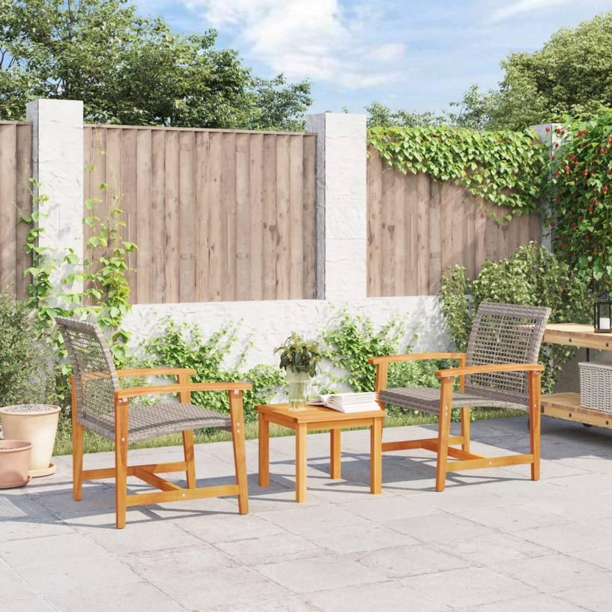 Tuinstoel set 2 stuks met rugleuning en armleuningen 63x64x80 cm – Comfortabele buitenstoelen van grijs PE-rotan en acaciahout – Duurzaam en weerbestendig – Laura