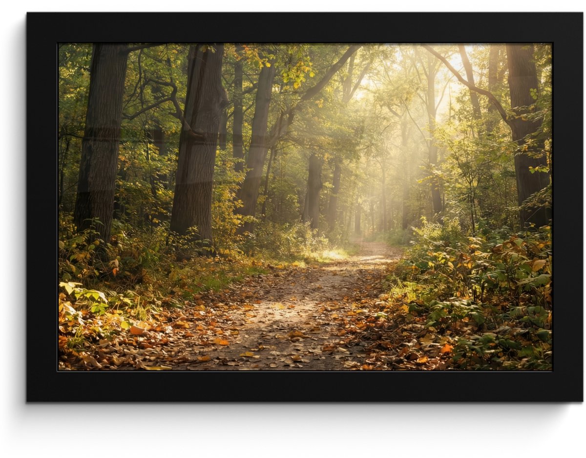 FrameYourWall Poster in lijst - Fotolijst 30x20 cm - Posters - Zonlicht - Bospad - Bomen - Posterlijst zwart - Decoratie - Wanddecoratie woonkamer - Muurdecoratie slaapkamer