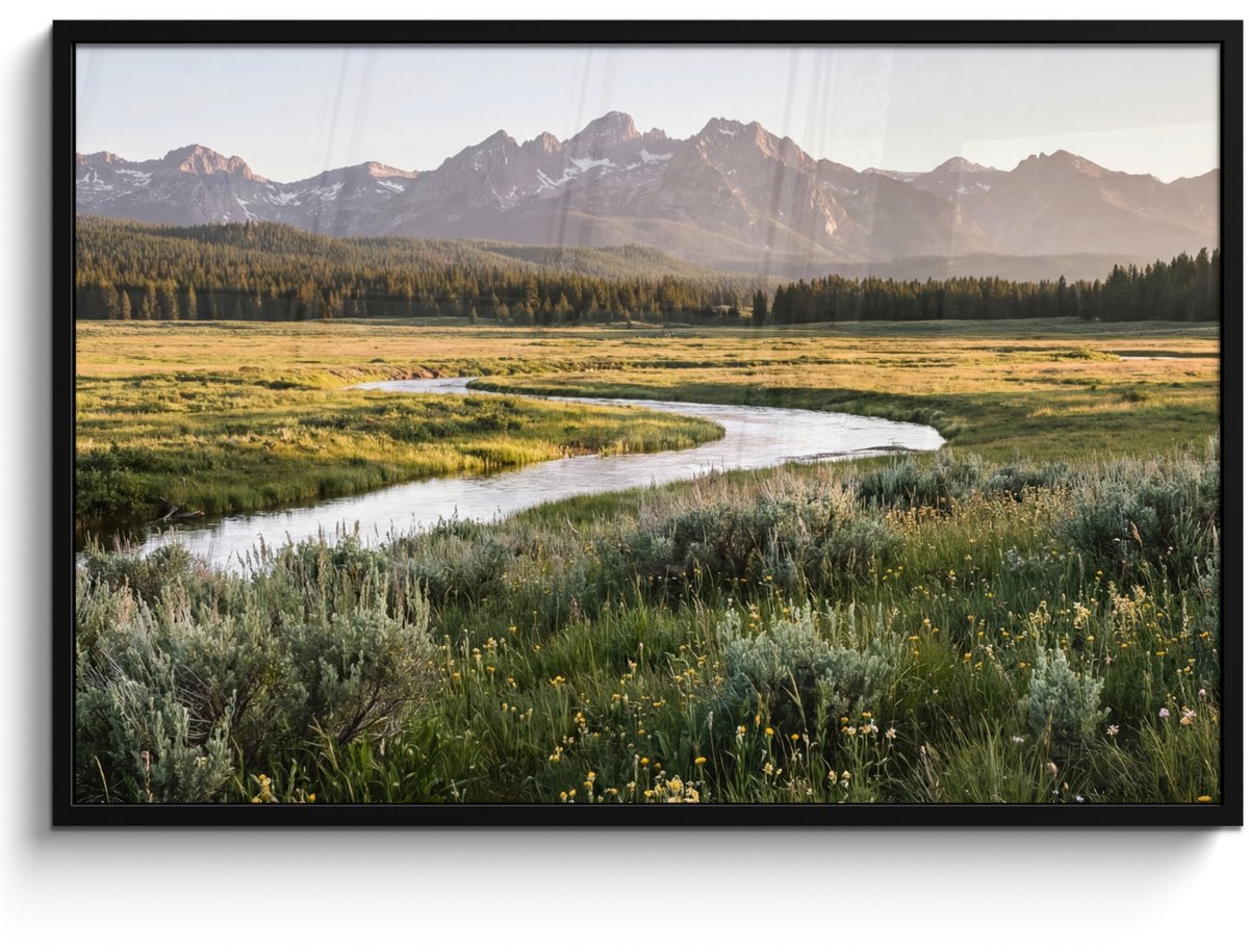 FrameYourWall Poster in lijst - Fotolijst 120x80 cm - Posters - Berglandschap - Rivier - Bos - Posterlijst zwart - Decoratie - Wanddecoratie woonkamer - Muurdecoratie slaapkamer