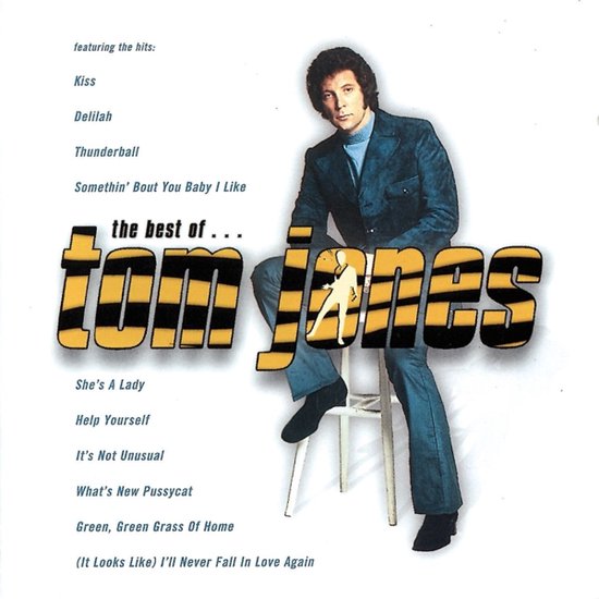 Tom Jones zit op een stoel, gekleed in een blauw pied-de-poule pak. Titel 'the best of Tom Jones' in grote letters.
