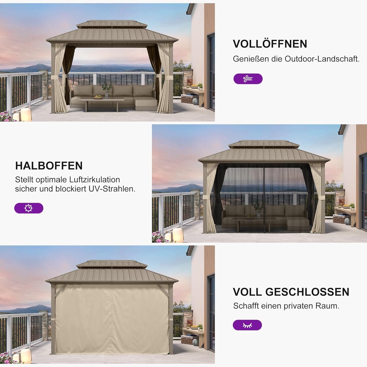 Tuinpaviljoen 2,4x3,65m Hardtop Aluminium met Stalen Dak – Waterdicht UV-bestendig met Gordijnen – Luxe Terras Overkapping Champagne | Laura