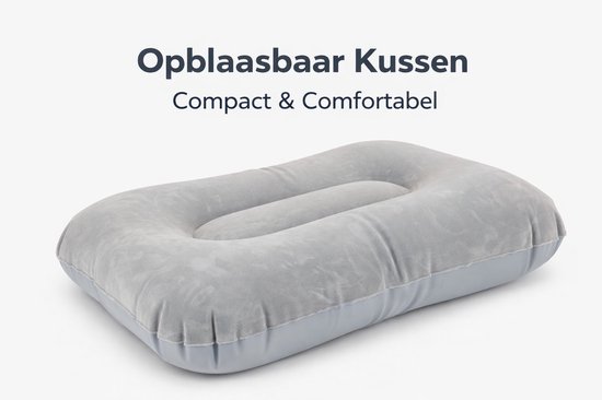 Grijs opblaasbaar kussen, compact en comfortabel, met de tekst 'Opblaasbaar Kussen'.