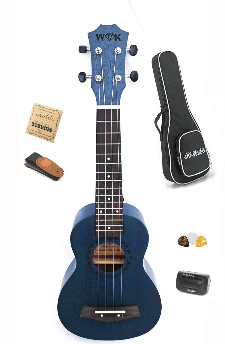 WK Blauw Sopraan Ukelele 21 inch - Professionele studie-Uniek natuurlijk Hout-met tas
