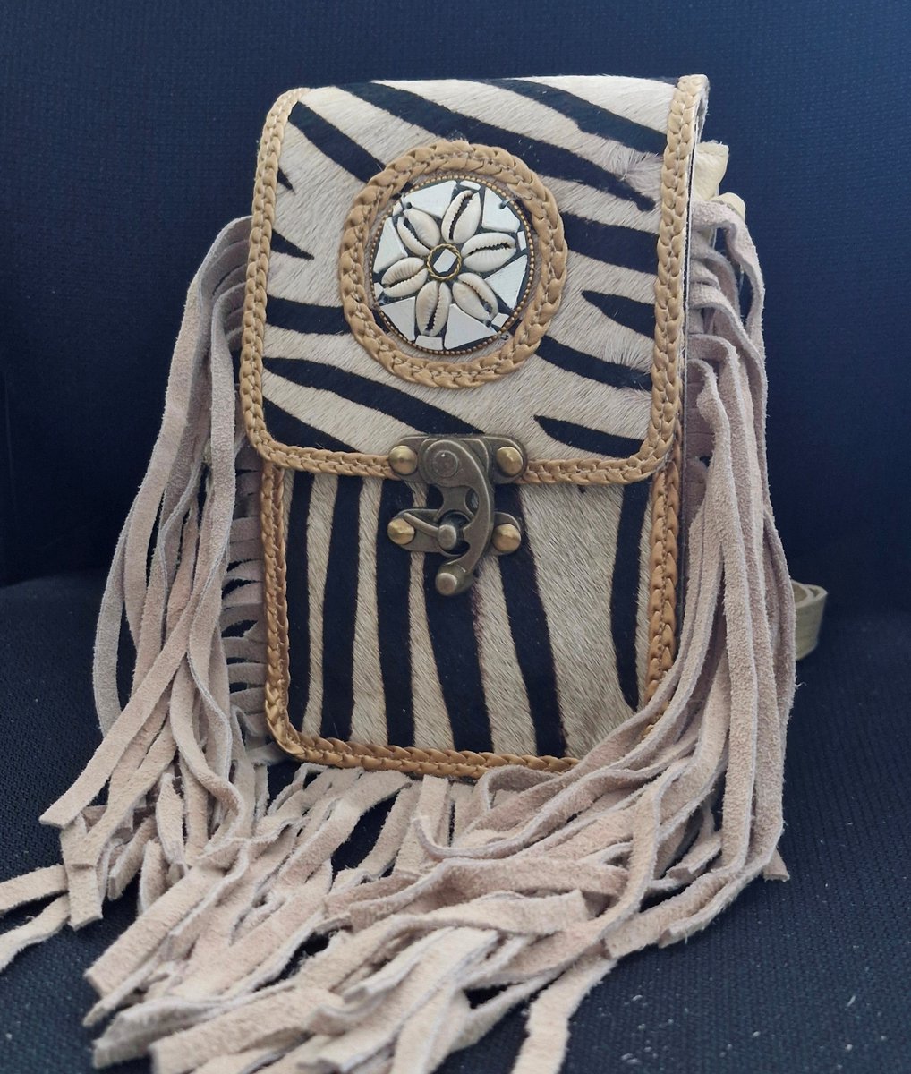 Koeienhuid Telefoontasje met Franjes en Vintage Haakje Zebraprint - (B x H x D) ca. 12,5 cm x 19,5cm x 5,5 cm