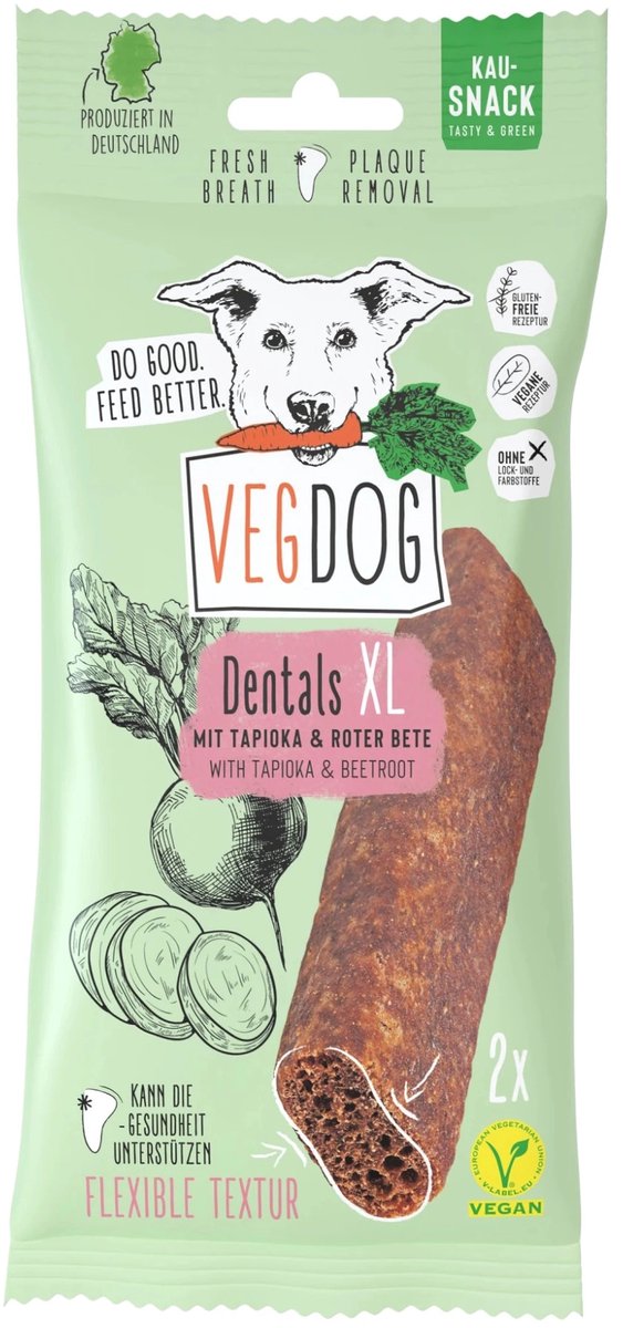 VEGDOG Dentals XL - Extra Lange Vegan Dental Kauwstaven - Tapioca & Biet - Gebitsverzorging voor Grote Honden