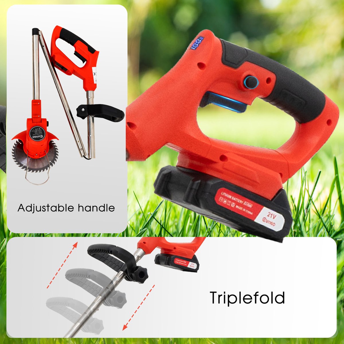 Accu grastrimmer met accu,OUTIGO opvouwbare grasmaaier, Draadloze grasmaaier, gazonkantentrimmer met 2 accu's 21V en 4 mestypen + 1 tuinschaar – foto 2