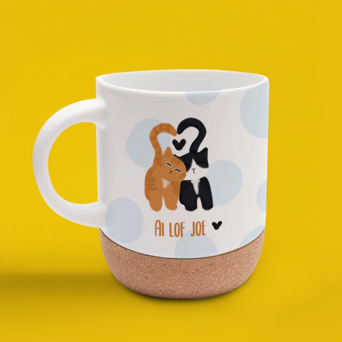 Leuke mok - grappige mok - katten - I luv Joe - origineel - hand getekend design - hand bedrukt herbruikbare mok - to go - reisbeker - koffietijd - teatime - afneembare kurken onderzetter