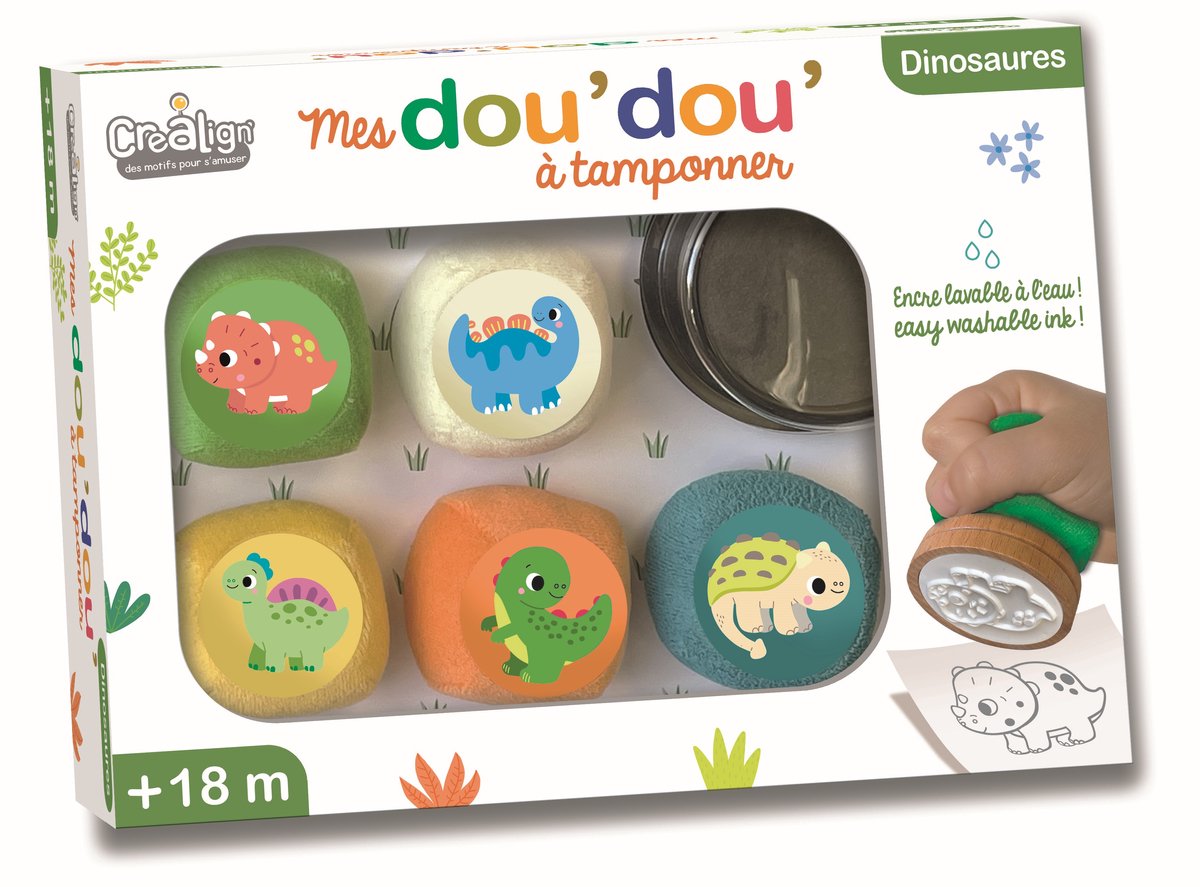 Créa Lign ® Dou Dou - 5 dino stempels - 1 intkbakje - fluwelen grip - peuter- afwasbaar - kleuter cadeau - 1 jaar