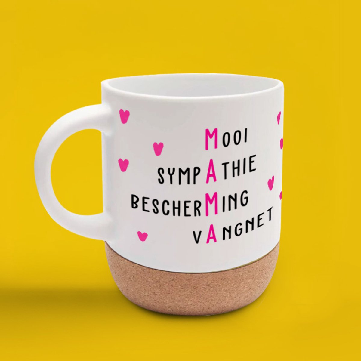 Moederdag mok - leuke mok - MAMA - origineel, hand getekend design - met de hand bedrukt herbruikbare mok - to go - reisbeker - koffietijd - teatime - afneembare kurken onderzetter