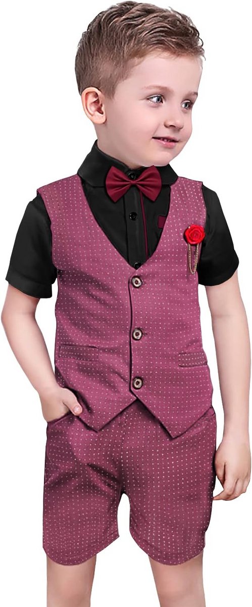Luxe Baby Jongen Kostuum Set – Bruiloft & Doopkleding Zomer – Vest, Hemd, Korte Broek & Strikje