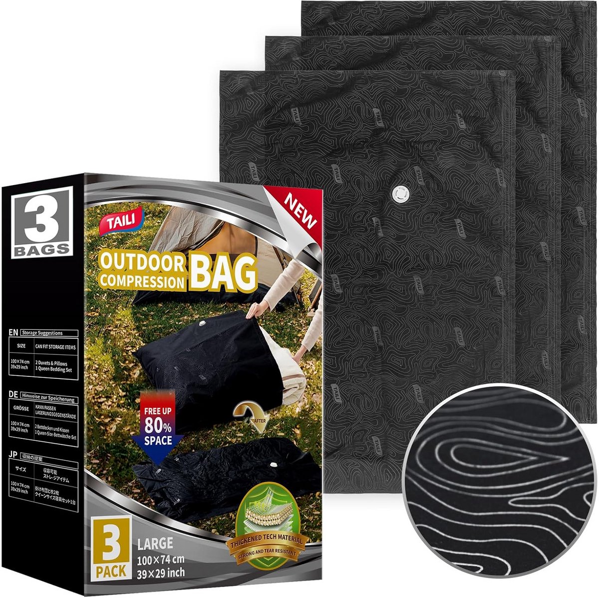 Set van 3 scheurvaste vacuümzakken 100 x 74 cm - ruimtebesparend, herbruikbaar, waterdicht