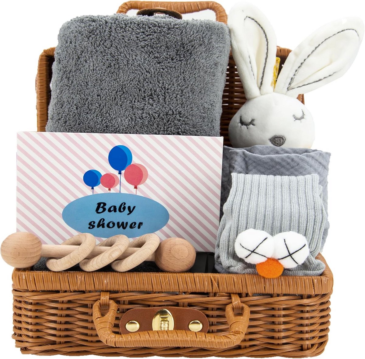 7 in 1 Pasgeboren Baby Cadeauset - Badhanddoek, Rustgevende Handdoek, Slabbetje, Rammelaar, Sokken, Wenskaart & Rieten Mand