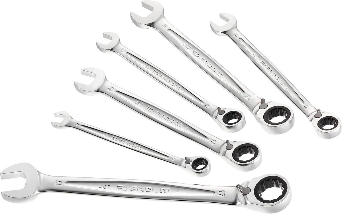 Steeksleutelratel 10mm met 5° terughaalhoek en 15° kantelbaar oog - Satijn chroom