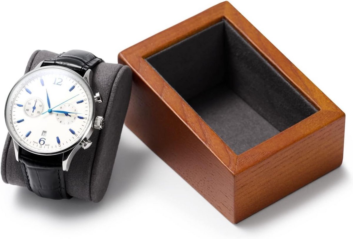 Houten horlogedoos met kussen, beschermt tegen krassen, geschikt voor meeste horloges, compacte opberging voor dames en heren, donkergrijs
