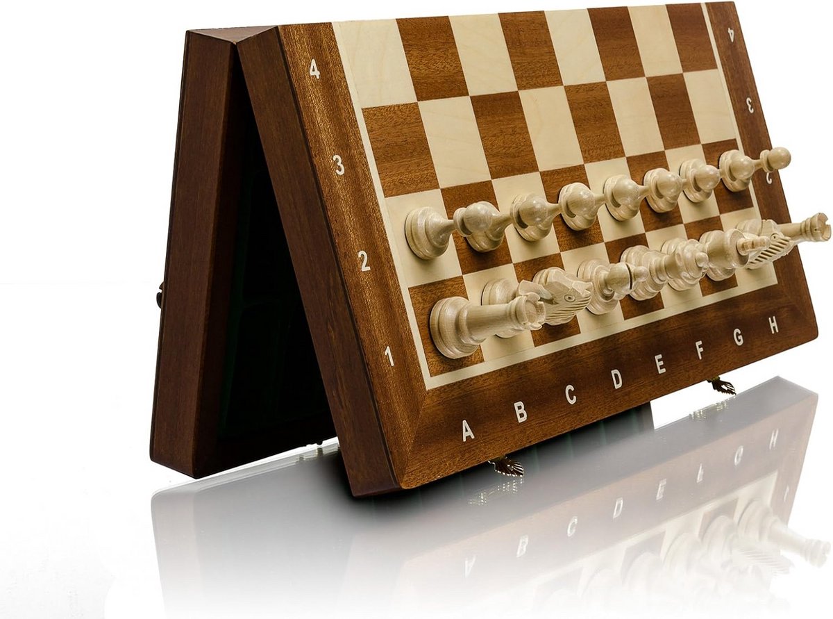 Houten Schaakbord Set 38cm Magnetisch - Handgemaakt Groot Draagbaar Vouwbaar Schaakspel met Verzwaarde Stukken