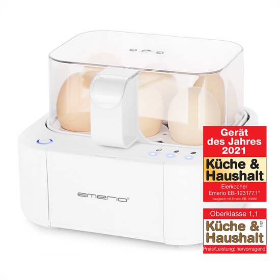 Emerio Smart Eierkoker Elektrisch - Voor 6 Eieren - 400W - Spraakmeldingen - Hard, zacht en medium gekookt tegelijk - Inclusief Maatbeker - EB-115560.14 - Eierkoker Wit