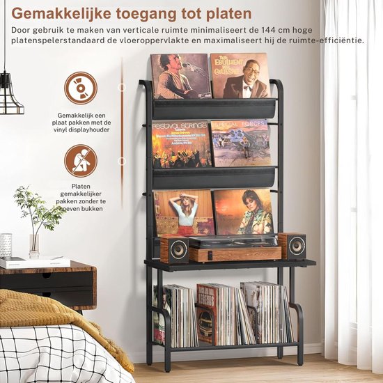 SNJY® Platenspeler Meubel - Platenspeler Kast - LP Houder - Platenhouder - 30D x 70B x 144H cm - Zwart — afbeelding 2