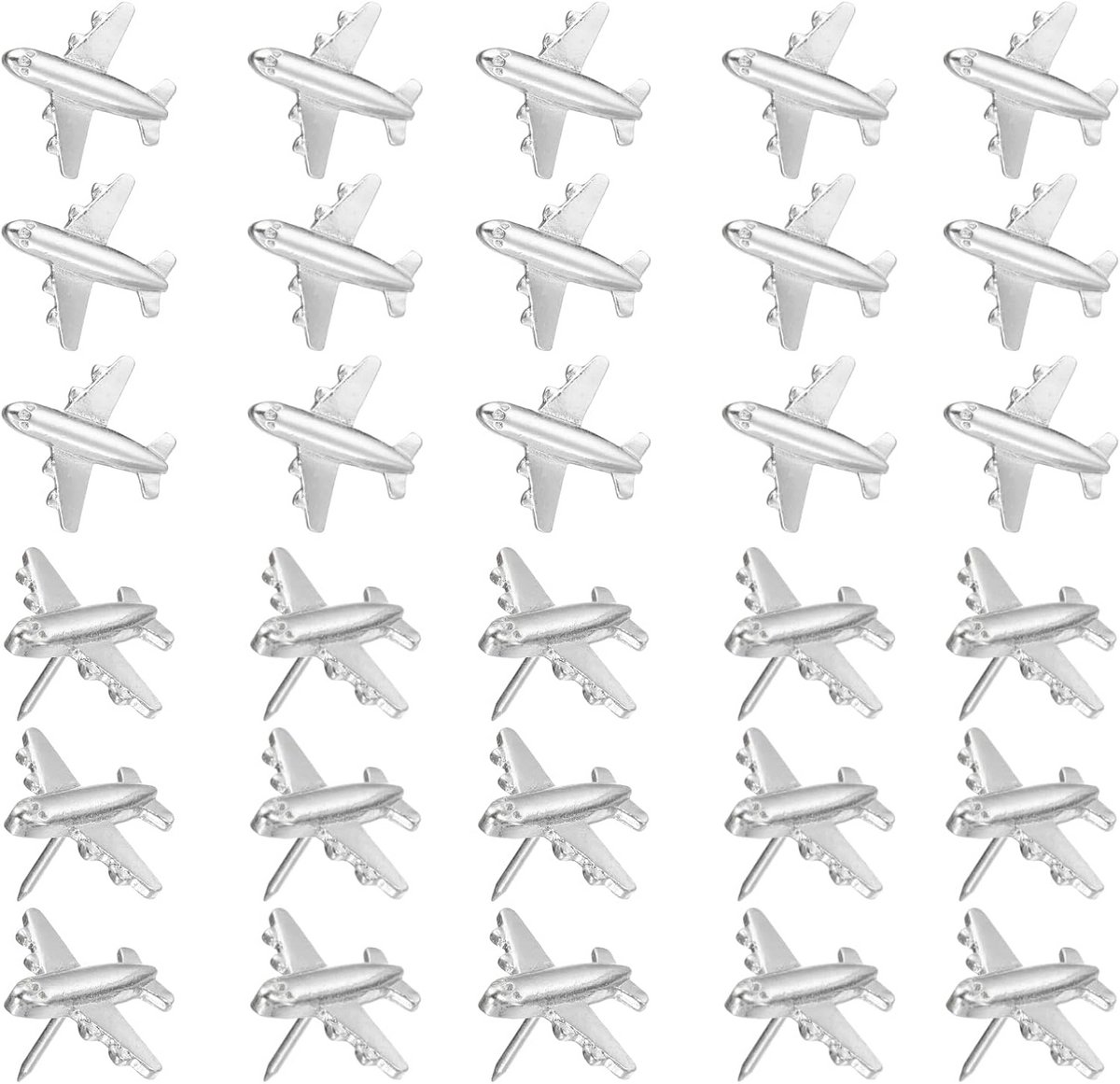 24 Stuks Decoratieve Vliegtuig Prikspelden - Metalen Duimspijkers voor Prikbord en Kaart Markering, Zilver