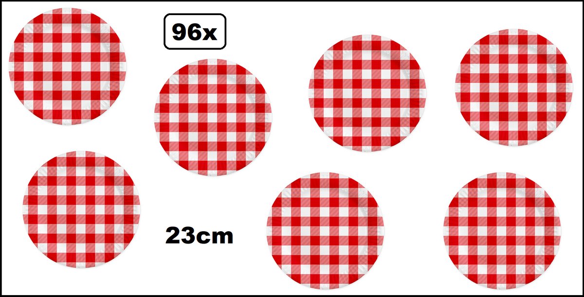 96x Bord 23cm Boerenbont karton - Diner eten restaurant Oktoberfest geruit rood/wit BBQ thema feest verjaardag feest