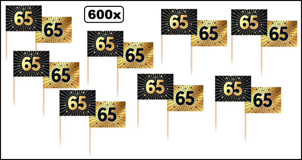 600x Cocktailprikkers 65 jaar goud/zwart - Vlag prikker Jubileum verjaardag thema feest cocktail prikker