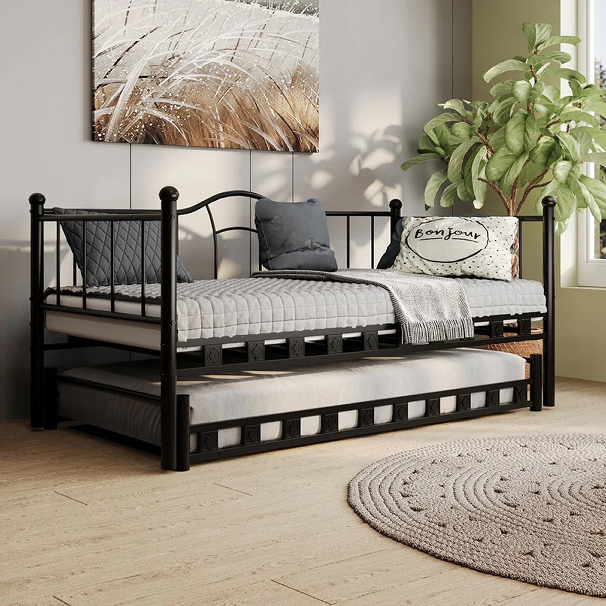 AirSleeperz® Metalen Slaapbank Lisa - 2x 90x200 cm - Met Uitschuifbed - 1,5 mm Staal - Zwart - 2x 1-persoons