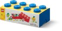Blauwe LEGO opbergdoos met gele opdruk, vormgegeven als een steen met 8 noppen. Met opdruk 'CLASSIC BOX'.