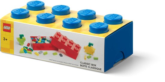 Blauwe LEGO opbergdoos met gele opdruk, vormgegeven als een steen met 8 noppen. Met opdruk 'CLASSIC BOX'.