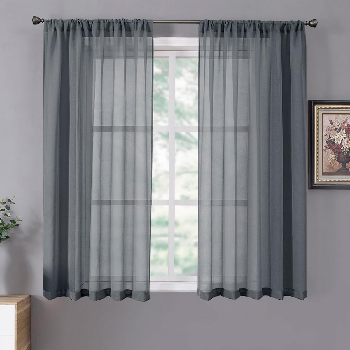 Korte Sheer Gordijnen Linnenlook Lichtdoorlatend Voile Gordijnstok - Set van 2 - Donkergri