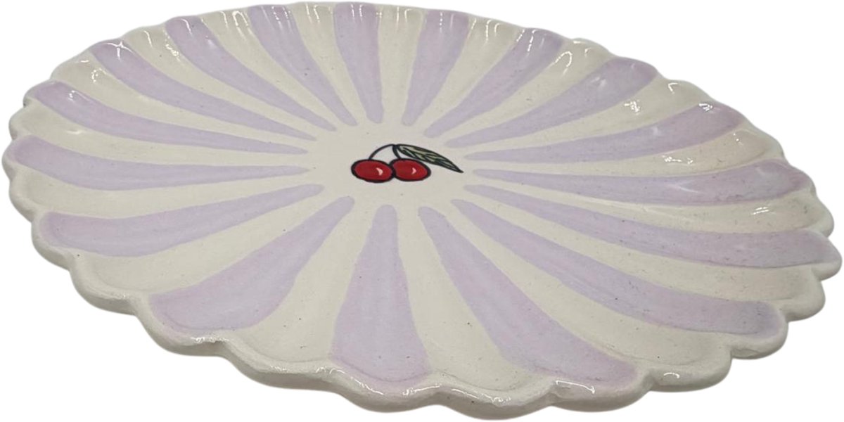 Ontbijtbord Fruity Cherry – Lila/Wit Gestreept – Aardewerk – ø 20 cm