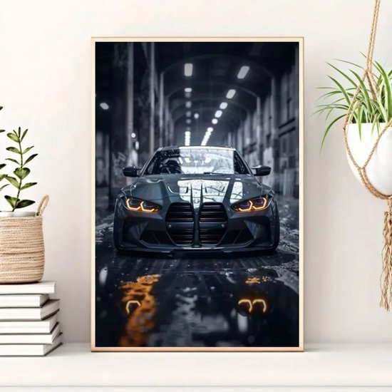 Canvas poster - Autoposter - Auto - Sportwagen - BMW M4 Competition - BMW M3 - BMW M5 - BMW M4 - Supercar - Hypercar - Donkere performance auto in tunnel - 30x40 cm - Zonder lijst - Mancave - Trendy