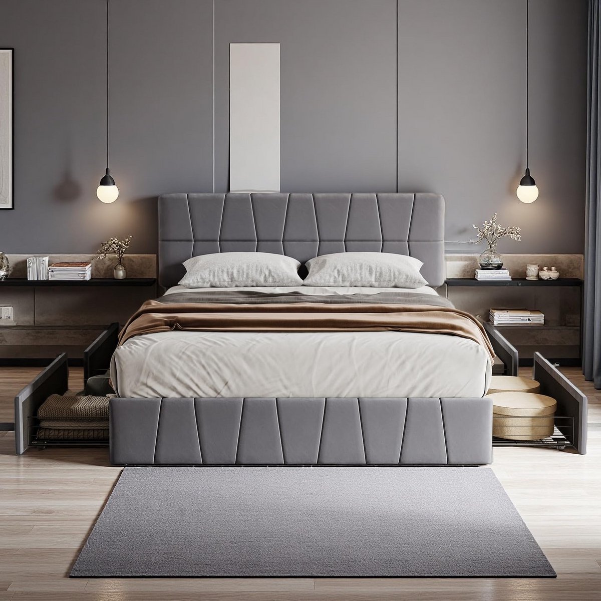 Tweepersoonsbed 160x200 cm met Opbergruimte - Gestoffeerd Bedframe met 4 Lades en Verstelbaar Hoofdeinde