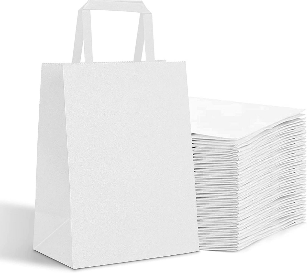 50 Witte Kraft Papieren Draagtassen met Platte Oorhengsels 18x8x22 cm