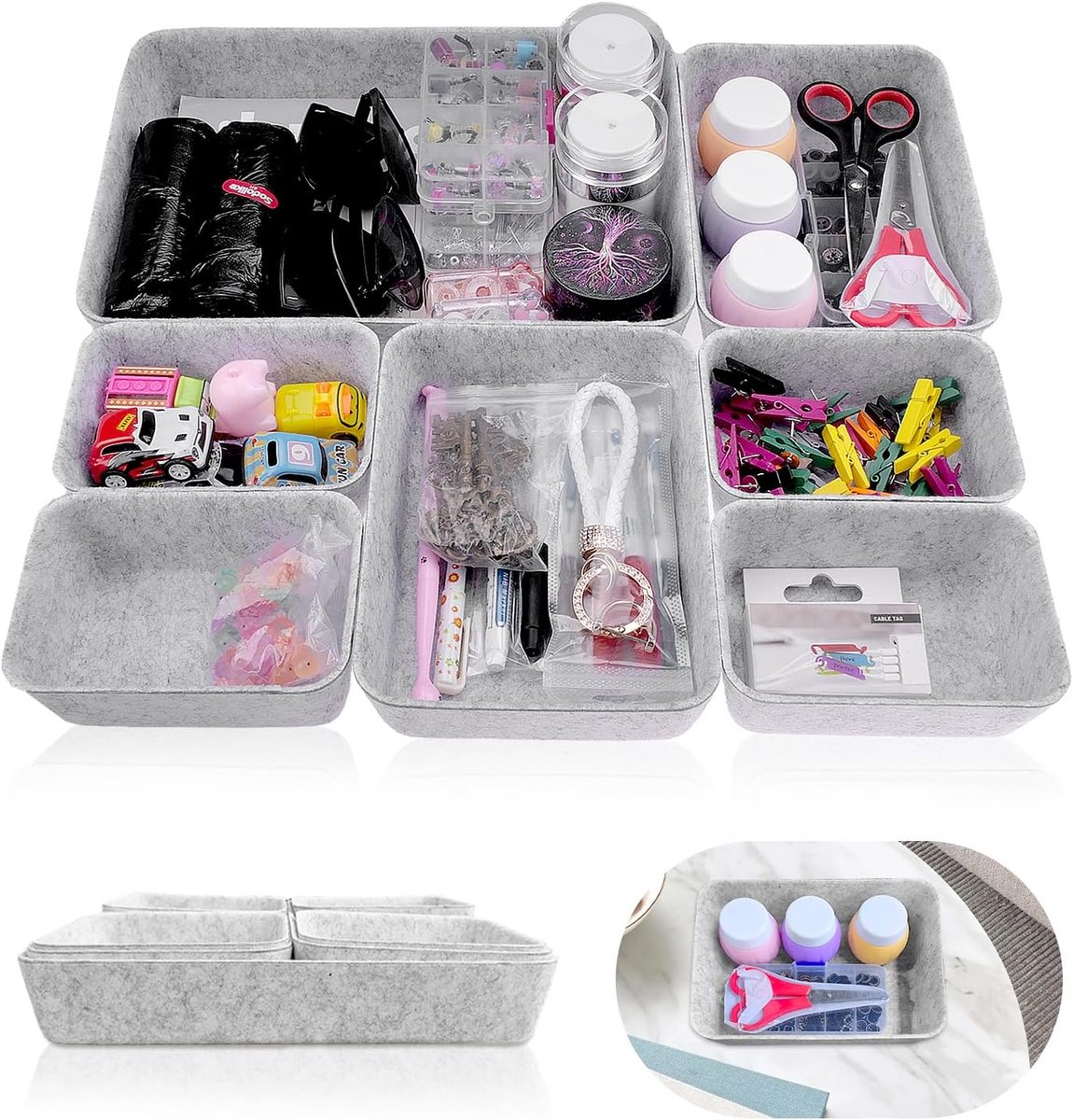 Set van 7 Vilten Lade-organizers Grijs - Bureau & Make-up Opbergsysteem