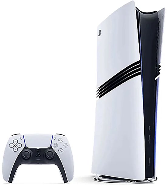 PlayStation 5 Pro console met DualSense controller, in wit met zwarte accenten.