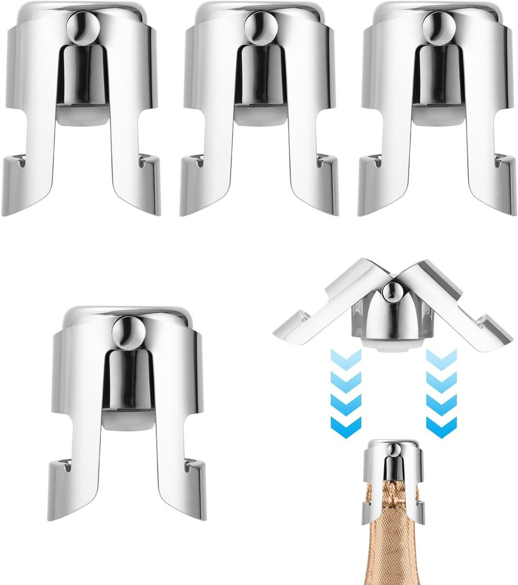 4x Champagne Stopper RVS - Wijnfles Sluiting & Vacuüm Stekker voor Champagne, Wijn en Bier